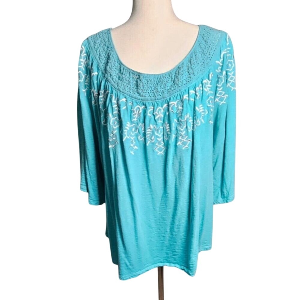 Colleen Lopez Teal Boho Top Embroidered Scoop Neck 3/4 Sleeve Top Blouse 3X